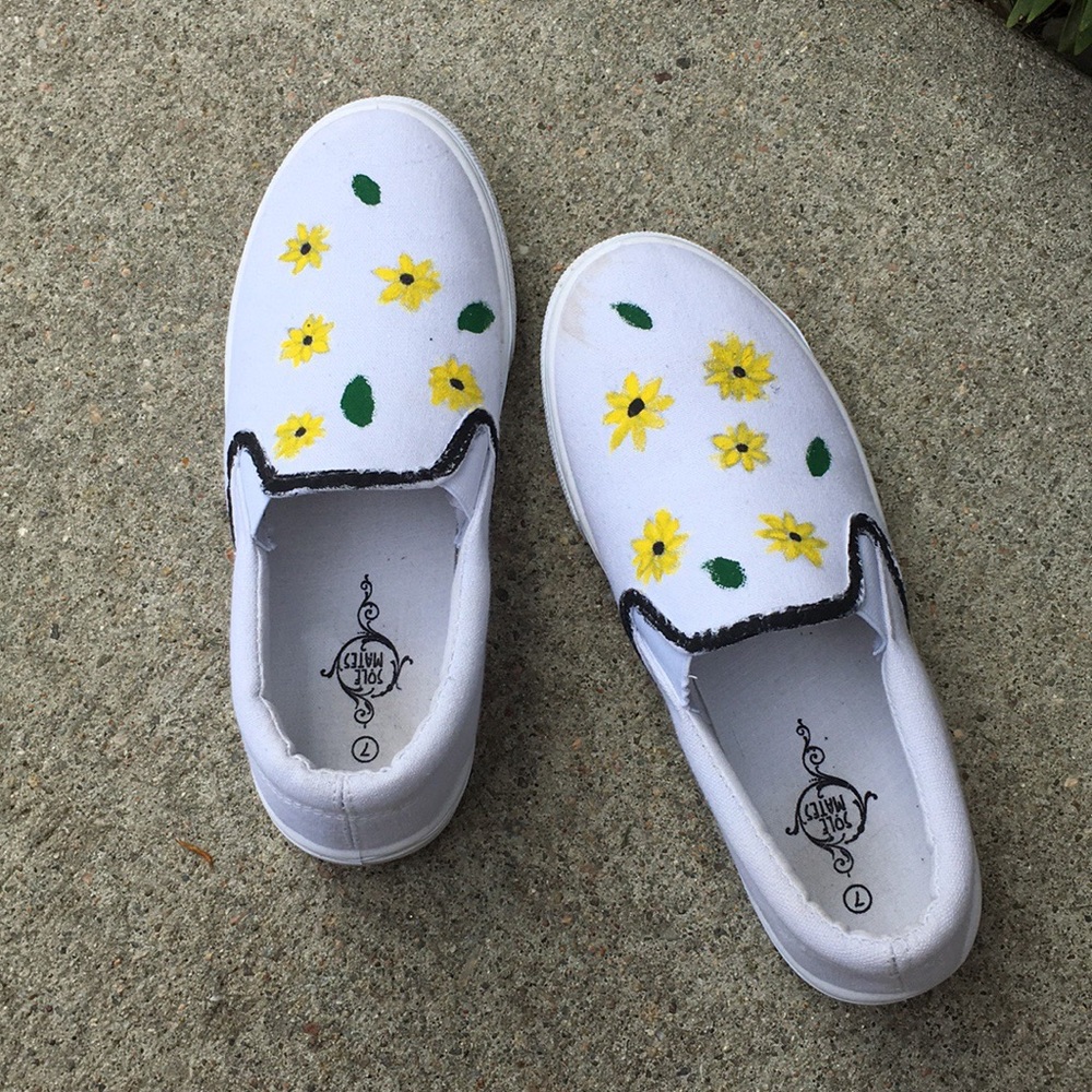 White sunflower and leaf print shoes